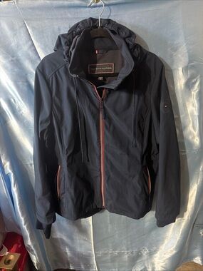 Tommy Hilfiger Jacket Womens XL Navy Hooded Zip Raincoat Softshell Coat